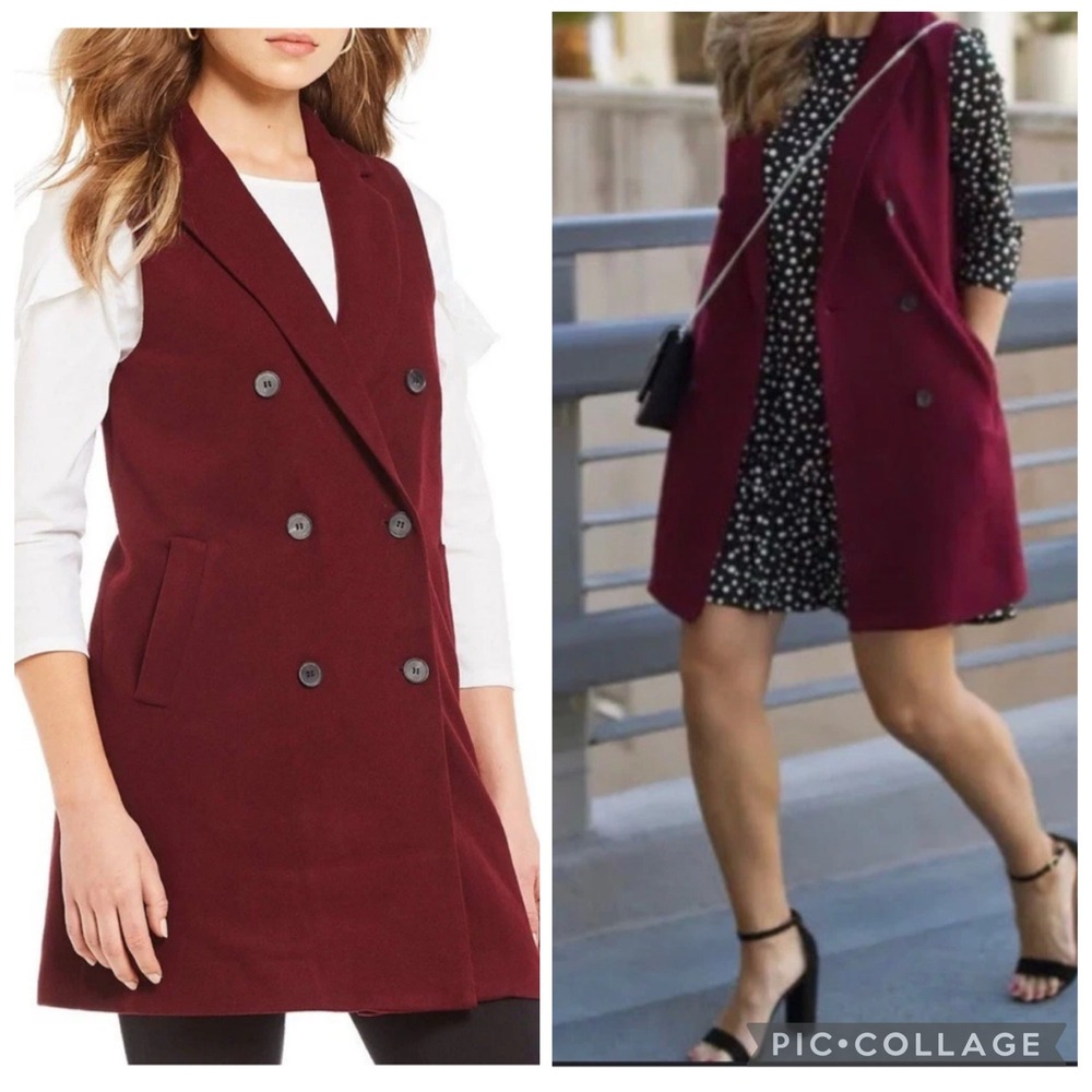 J.McLaughlin Womens XL Burgundy Double Breasted Longline Vest Sleeveless Jacket